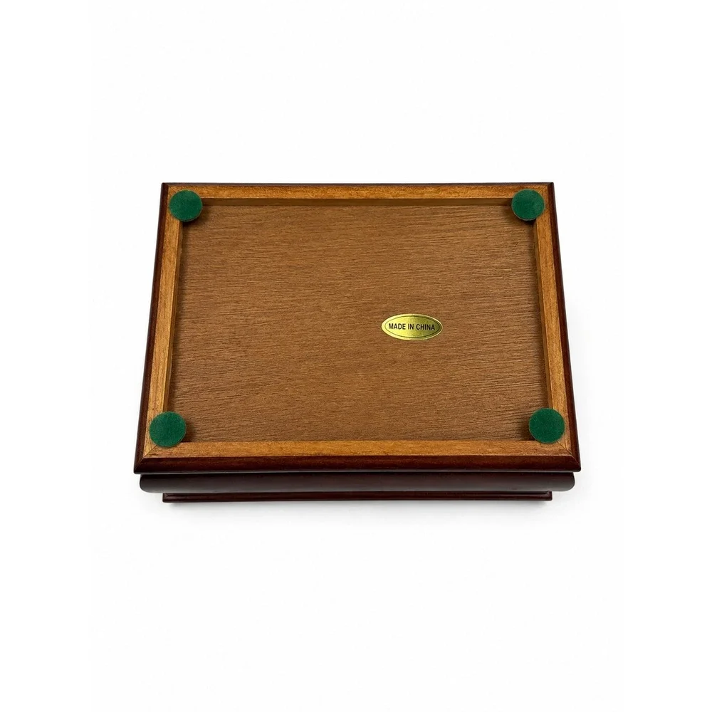 Vintage Style Cherry Wood Jewelry Box Heart Etched Rose Glass Lid Green Velvet